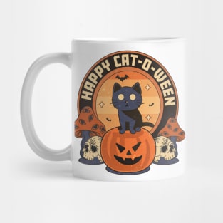 Happy Cat-o-ween: Pumpkin, Skulls, Cat, and Bats Mug